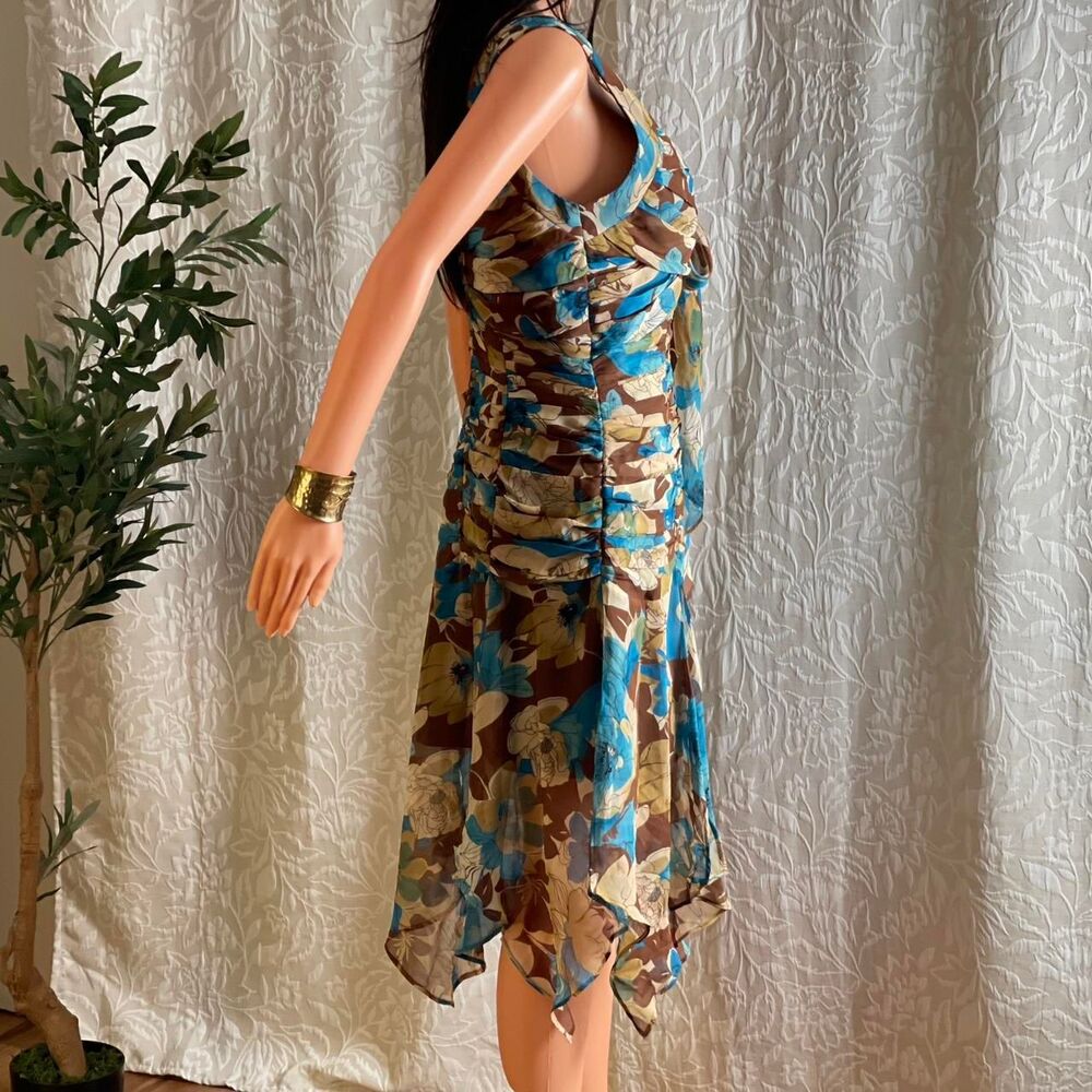 Vintage Y2K Georgiou Studio Silk Floral Dress Ruched Handkerchief Hem Size 10 - Picture 3 of 8